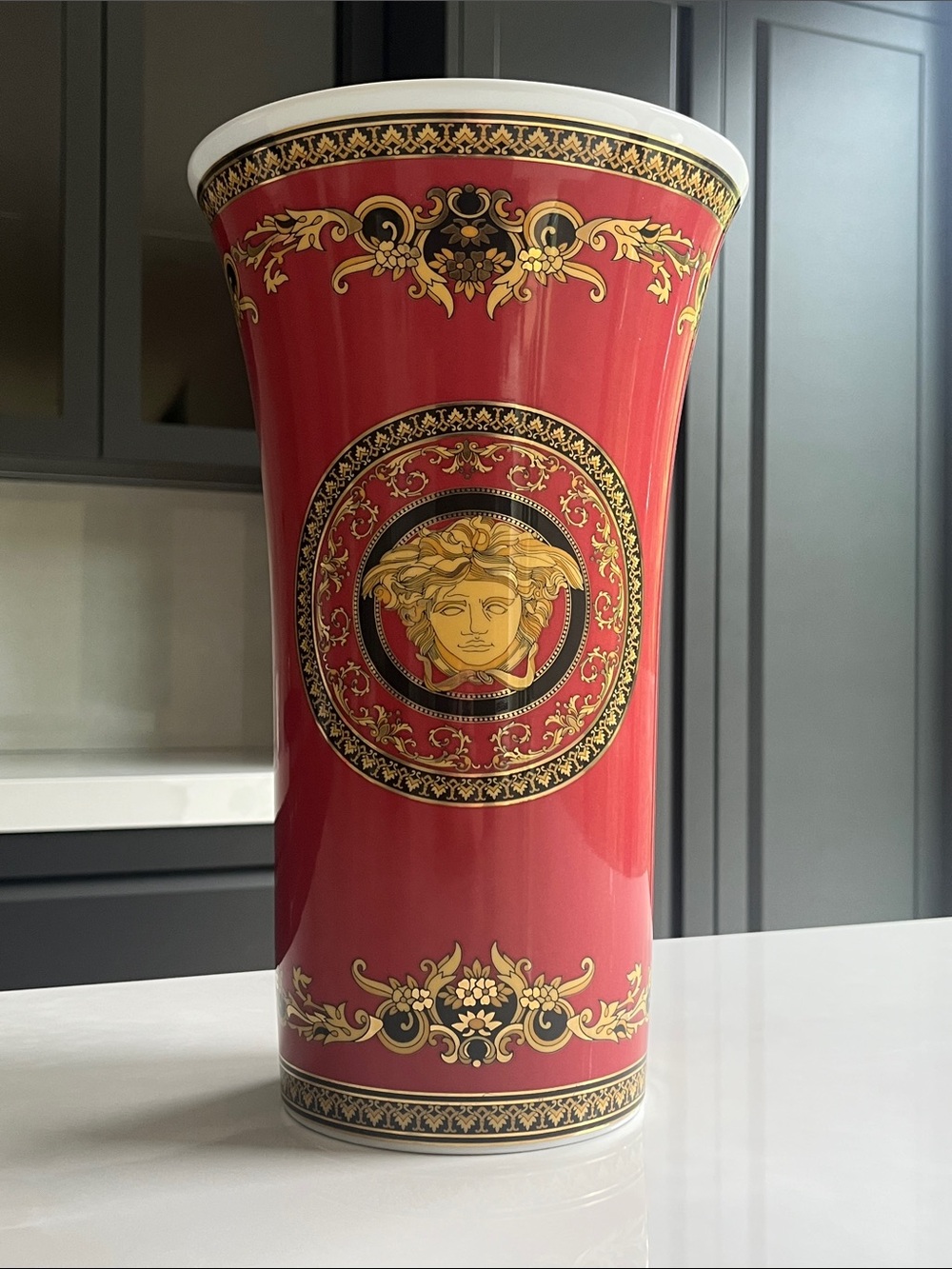 Versace for Rosenthal. Original 1990 Tags, Versace Red Medusa Vase. 13.5”